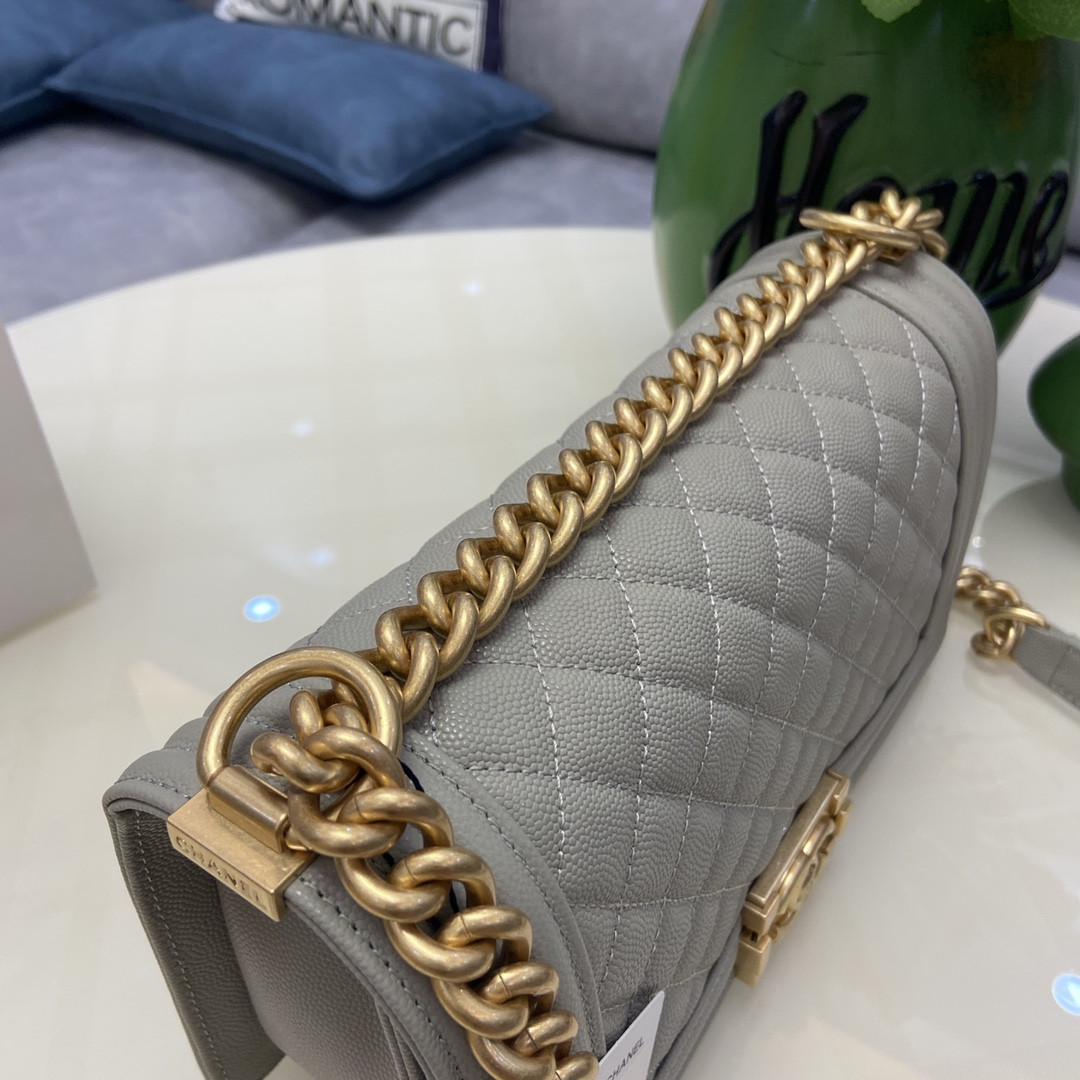 BOY Ch**el HANDBAG Shiny Grained Calfskin & Gold-Tone Metal Gray 5.9 × 9.8 × 3.5 in