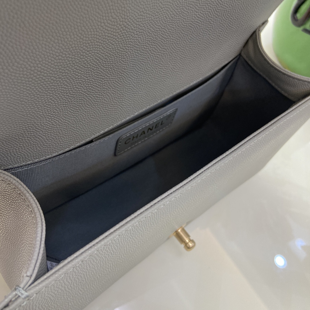 BOY Ch**el HANDBAG Shiny Grained Calfskin & Gold-Tone Metal Gray 5.9 × 9.8 × 3.5 in