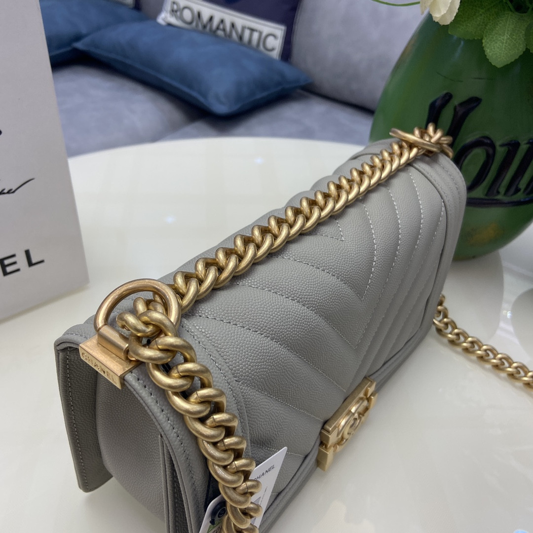 BOY Ch**el HANDBAG Shiny Grained Calfskin & Gold-Tone Metal Gray 5.9 × 9.8 × 3.5 in