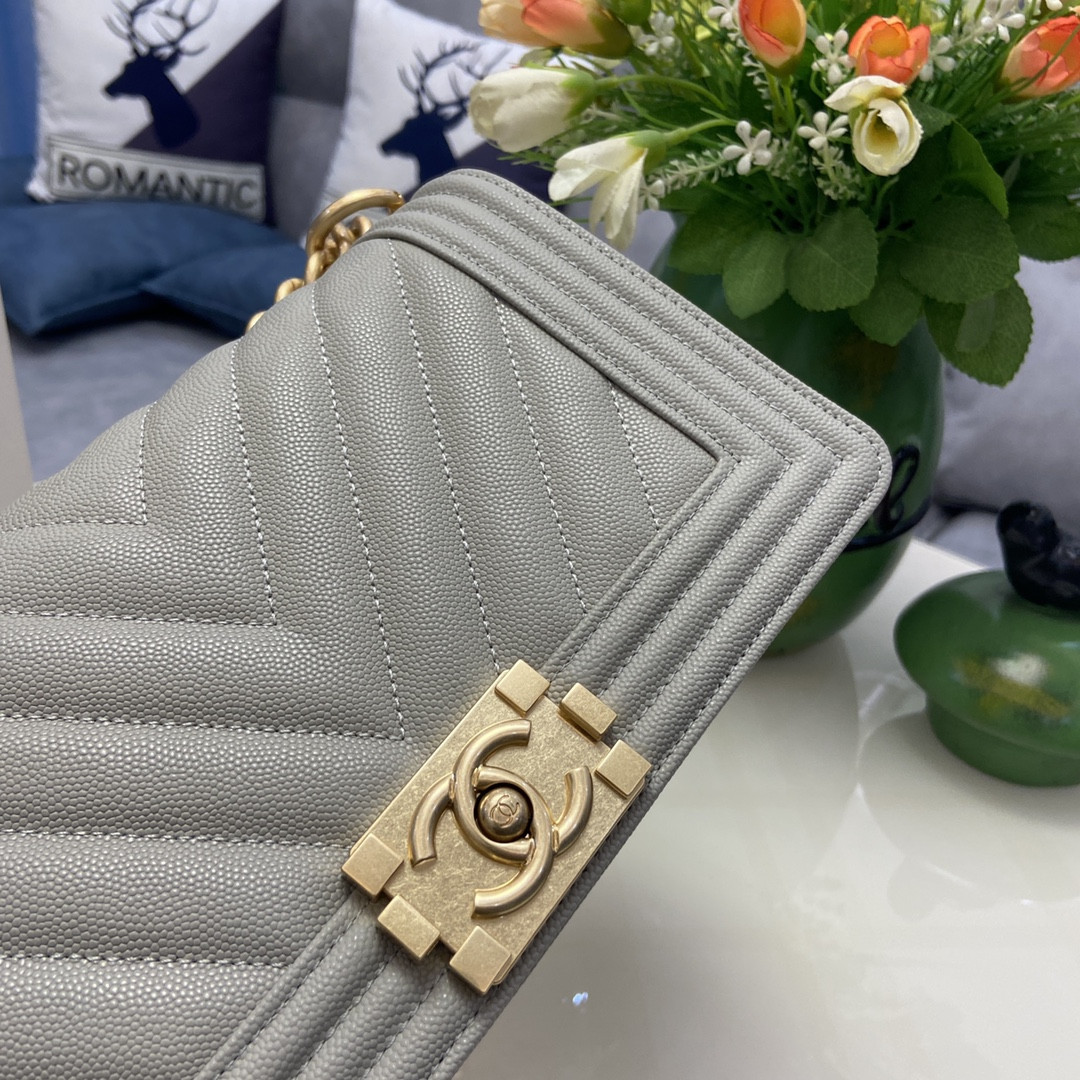 BOY Ch**el HANDBAG Shiny Grained Calfskin & Gold-Tone Metal Gray 5.9 × 9.8 × 3.5 in