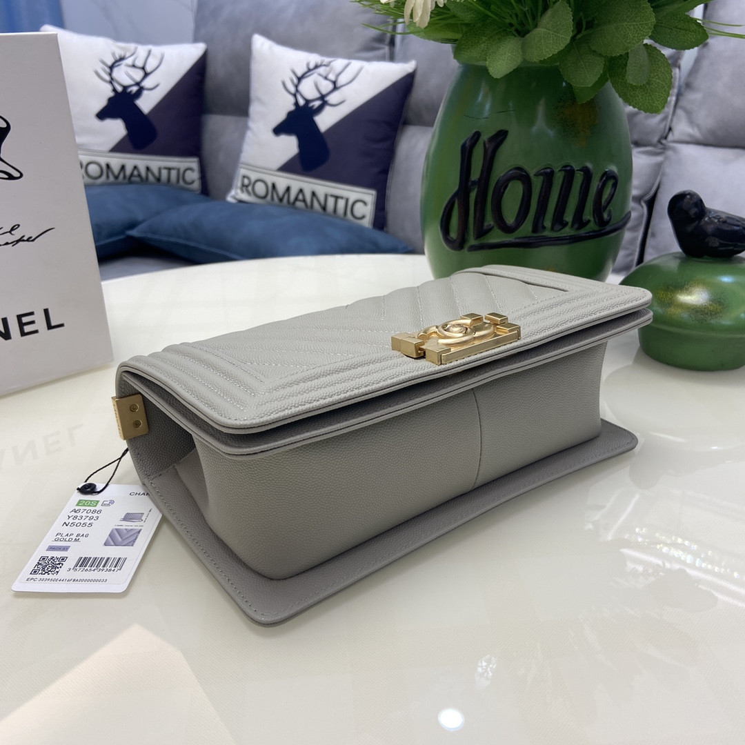 BOY Ch**el HANDBAG Shiny Grained Calfskin & Gold-Tone Metal Gray 5.9 × 9.8 × 3.5 in