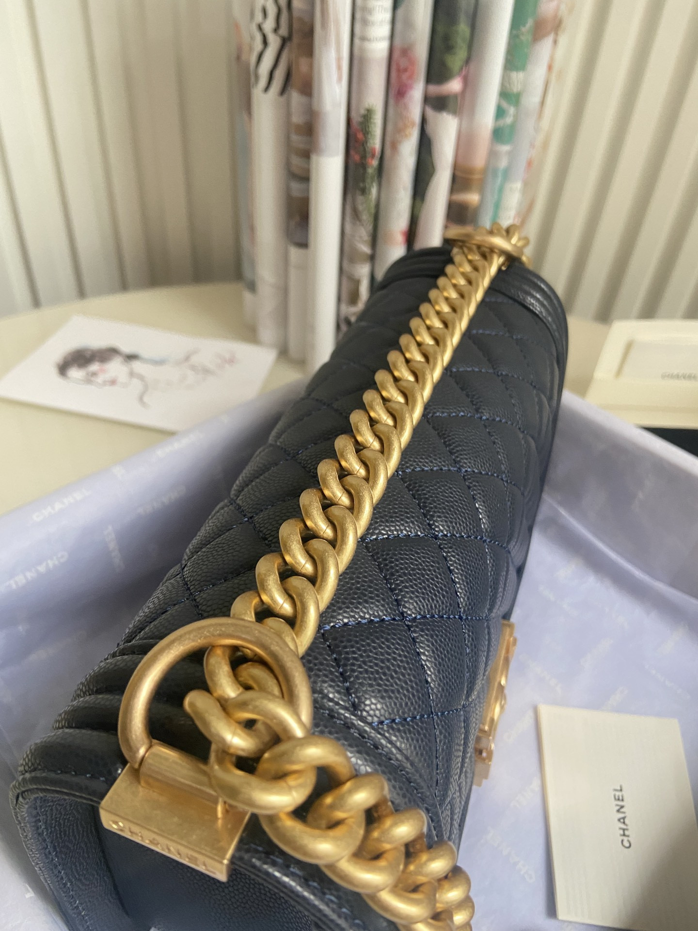 BOY Ch**el HANDBAG Shiny Grained Calfskin & Gold-Tone Metal Navy 5.9 × 9.8 × 3.5 in