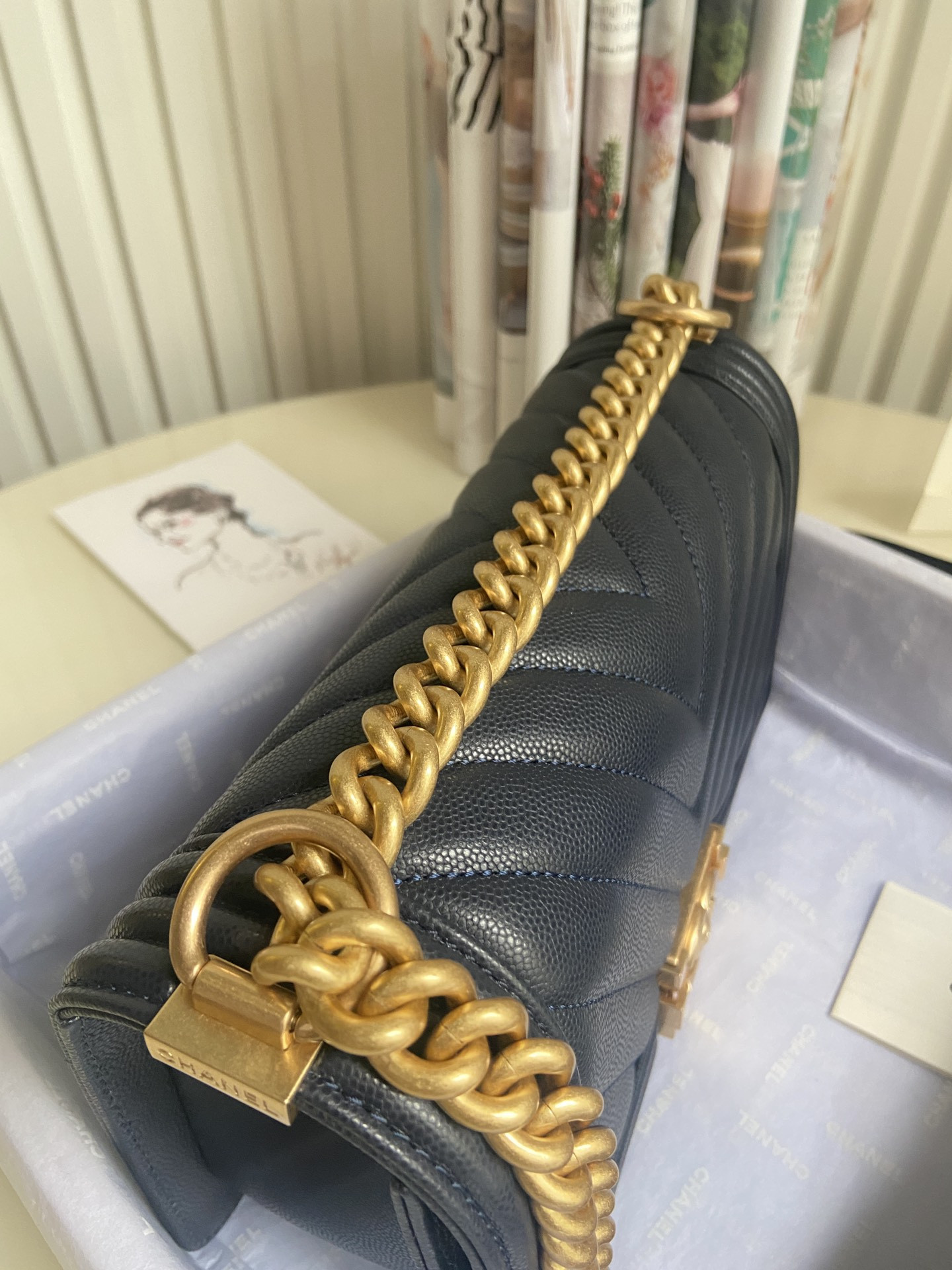 BOY Ch**el HANDBAG Shiny Grained Calfskin & Gold-Tone Metal Navy 5.9 × 9.8 × 3.5 in