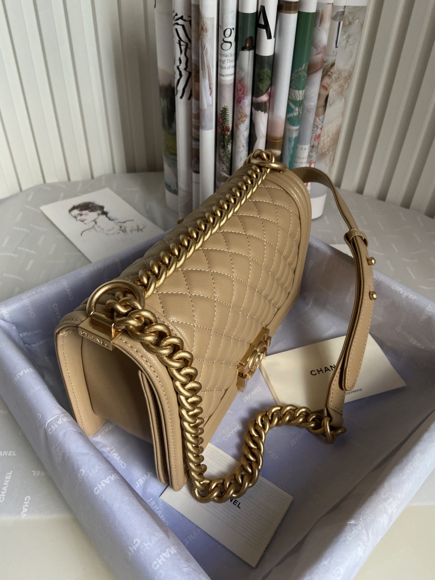 BOY Ch**el HANDBAG Shiny Grained Calfskin Brown 5.9 × 9.8 × 3.5 in