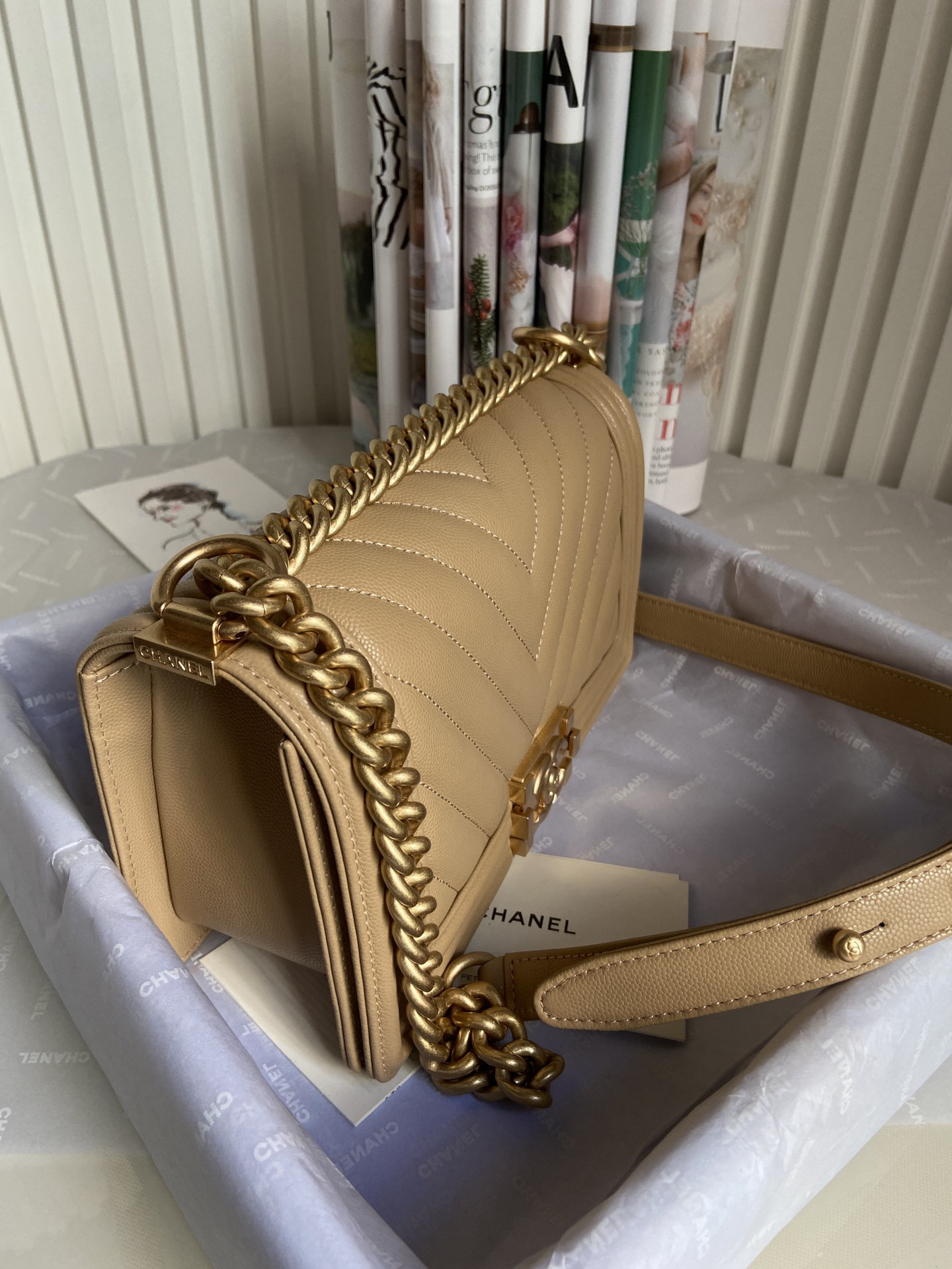 BOY Ch**el HANDBAG Shiny Grained Calfskin Brown 5.9 × 9.8 × 3.5 in