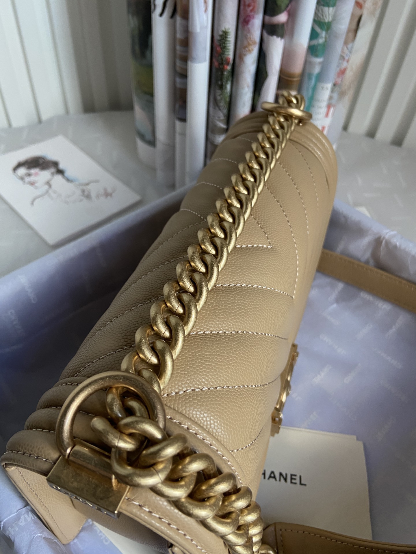 BOY Ch**el HANDBAG Shiny Grained Calfskin Brown 5.9 × 9.8 × 3.5 in