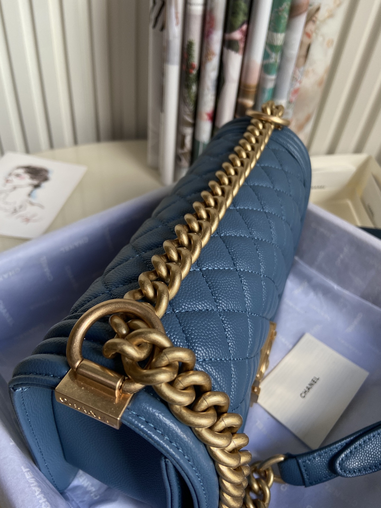 BOY Ch**el HANDBAG Shiny Grained Calfskin & Gold-Tone Metal Blue 5.9 × 9.8 × 3.5 in