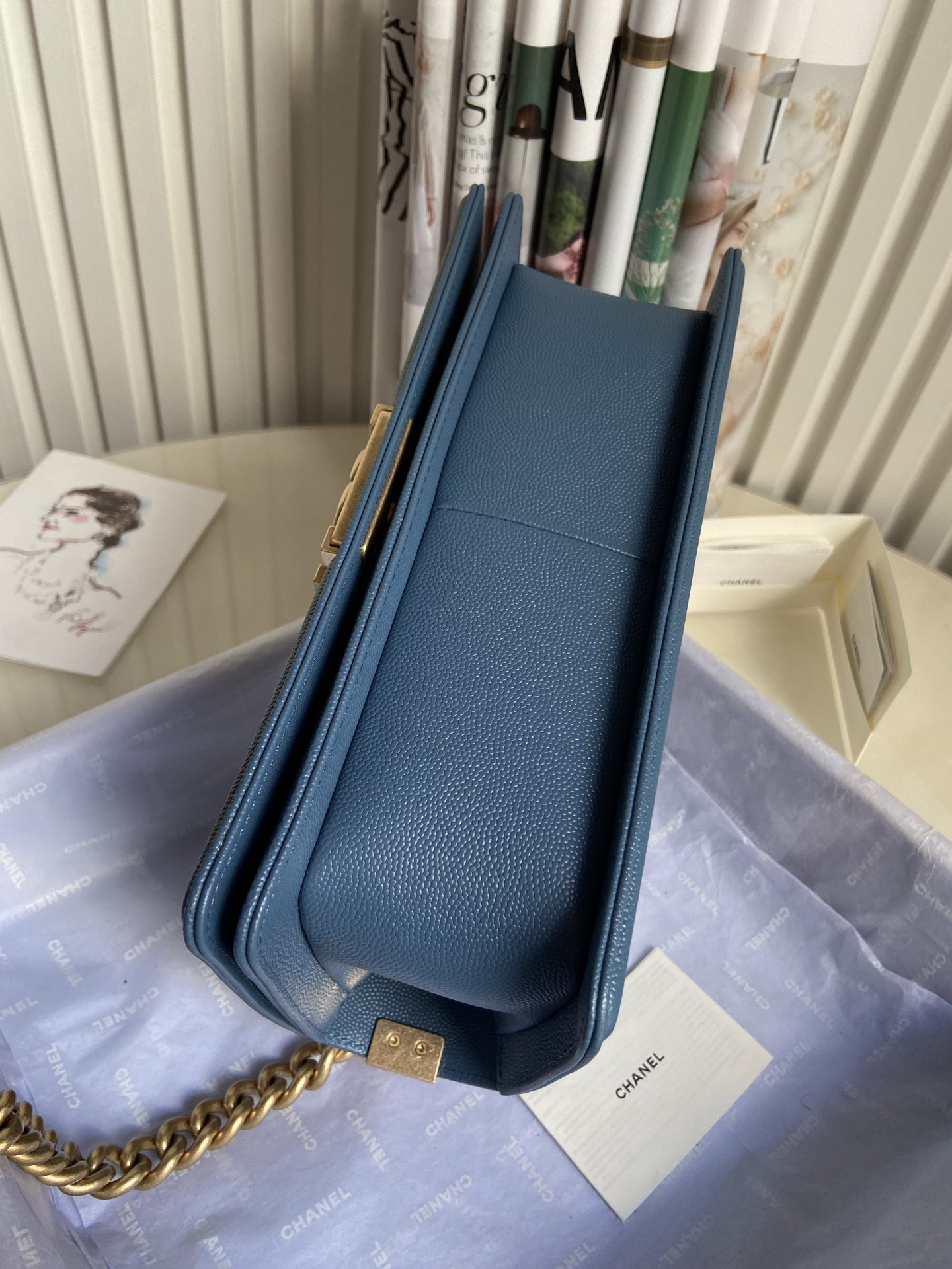 BOY Ch**el HANDBAG Shiny Grained Calfskin & Gold-Tone Metal Blue 5.9 × 9.8 × 3.5 in