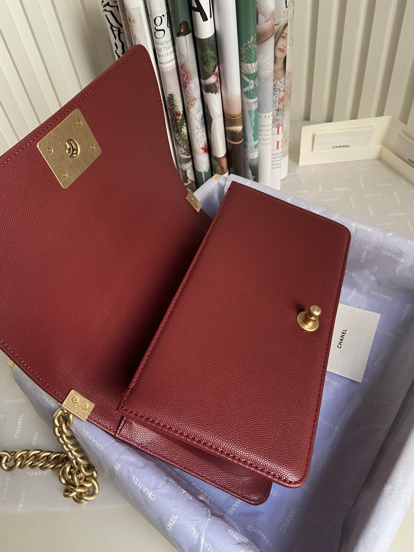 BOY Ch**el HANDBAG Shiny Grained Calfskin & Gold-Tone Metal red 5.9 × 9.8 × 3.5 in