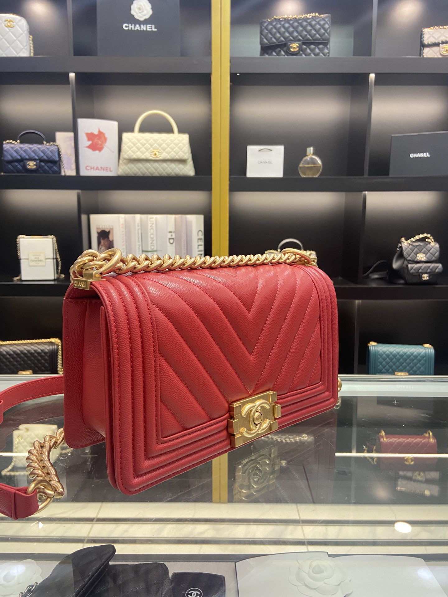 BOY Ch**el HANDBAG Shiny Red Grained Calfskin & Gold-Tone Metal 5.9 × 9.8 × 3.5 in