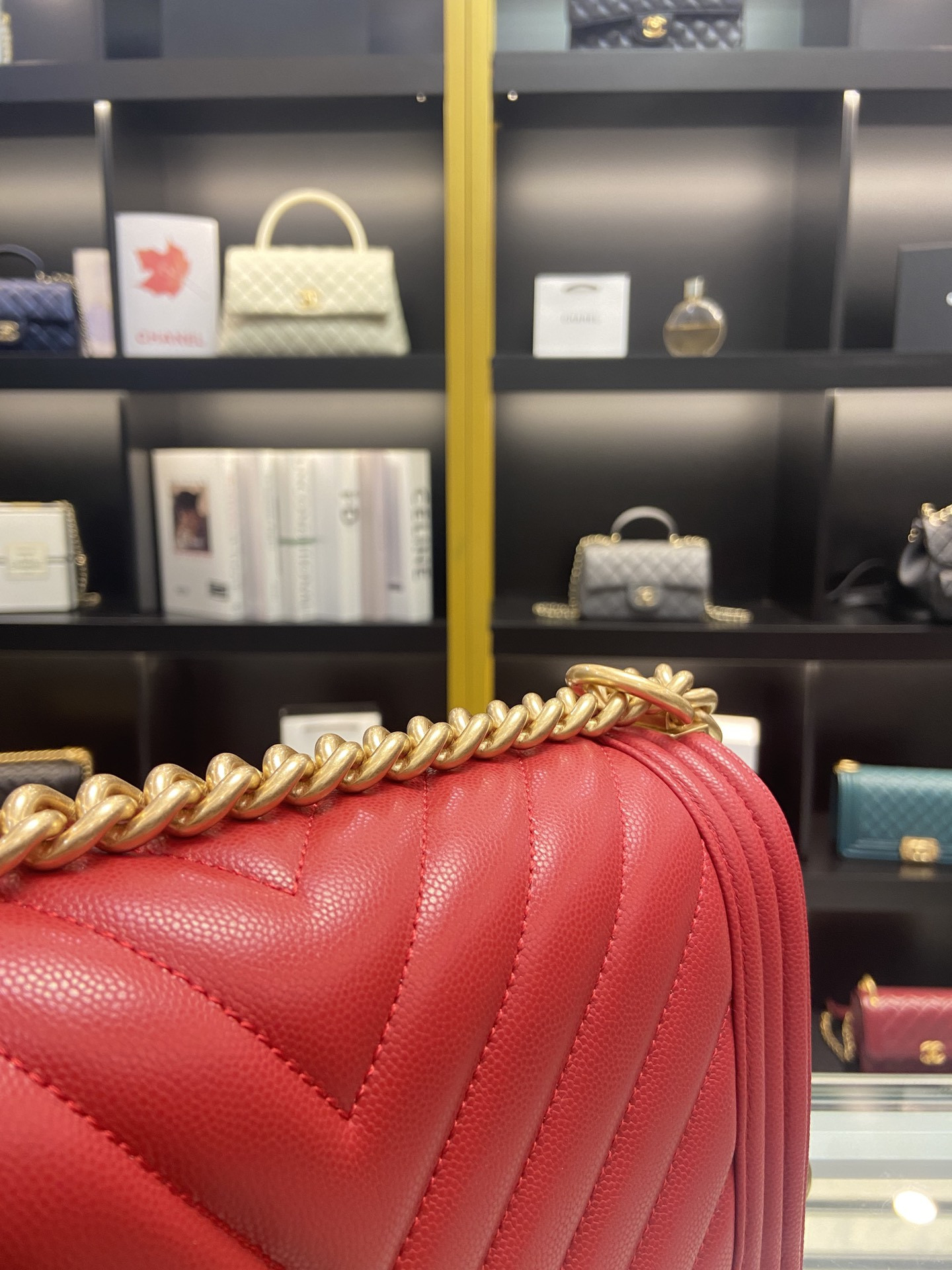 BOY Ch**el HANDBAG Shiny Red Grained Calfskin & Gold-Tone Metal 5.9 × 9.8 × 3.5 in