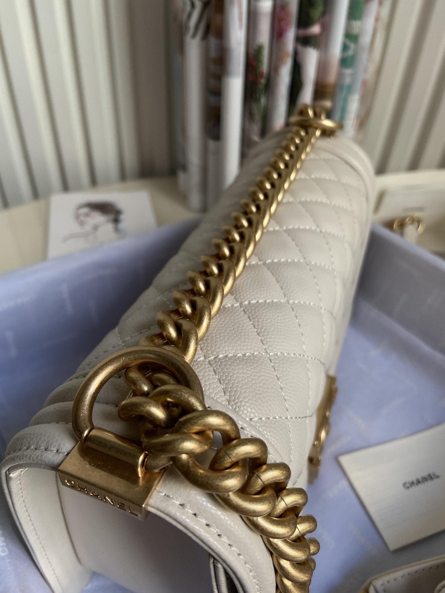 BOY Ch**el HANDBAG Shiny Grained Calfskin & Gold-Tone Metal Beige 5.9 × 9.8 × 3.5 in