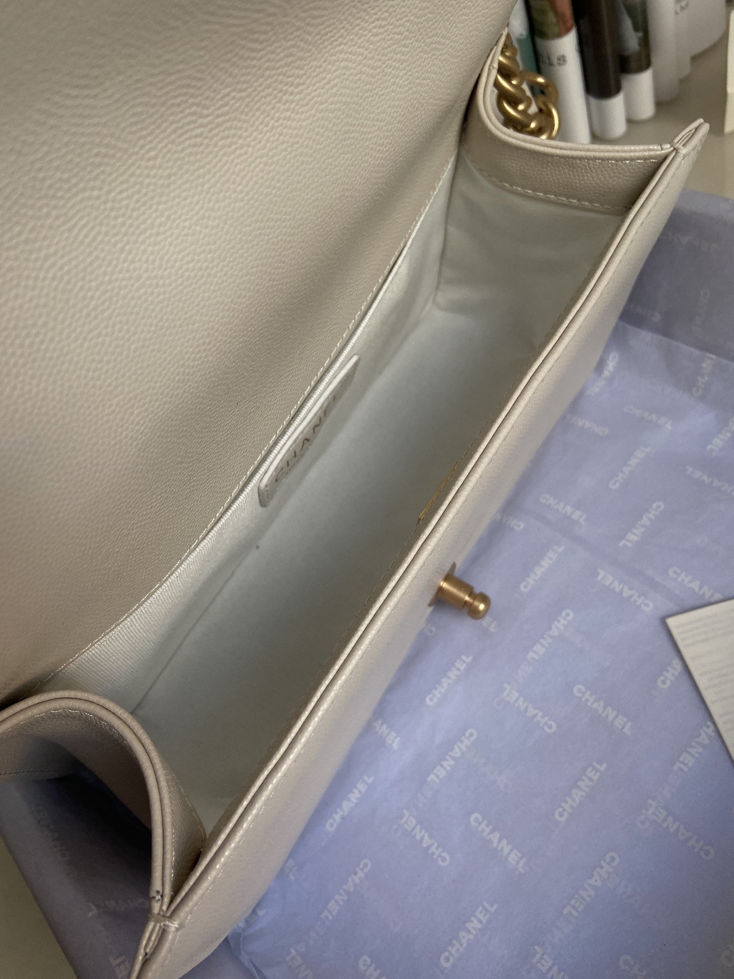 BOY Ch**el HANDBAG Shiny Grained Calfskin & Gold-Tone Metal Beige 5.9 × 9.8 × 3.5 in