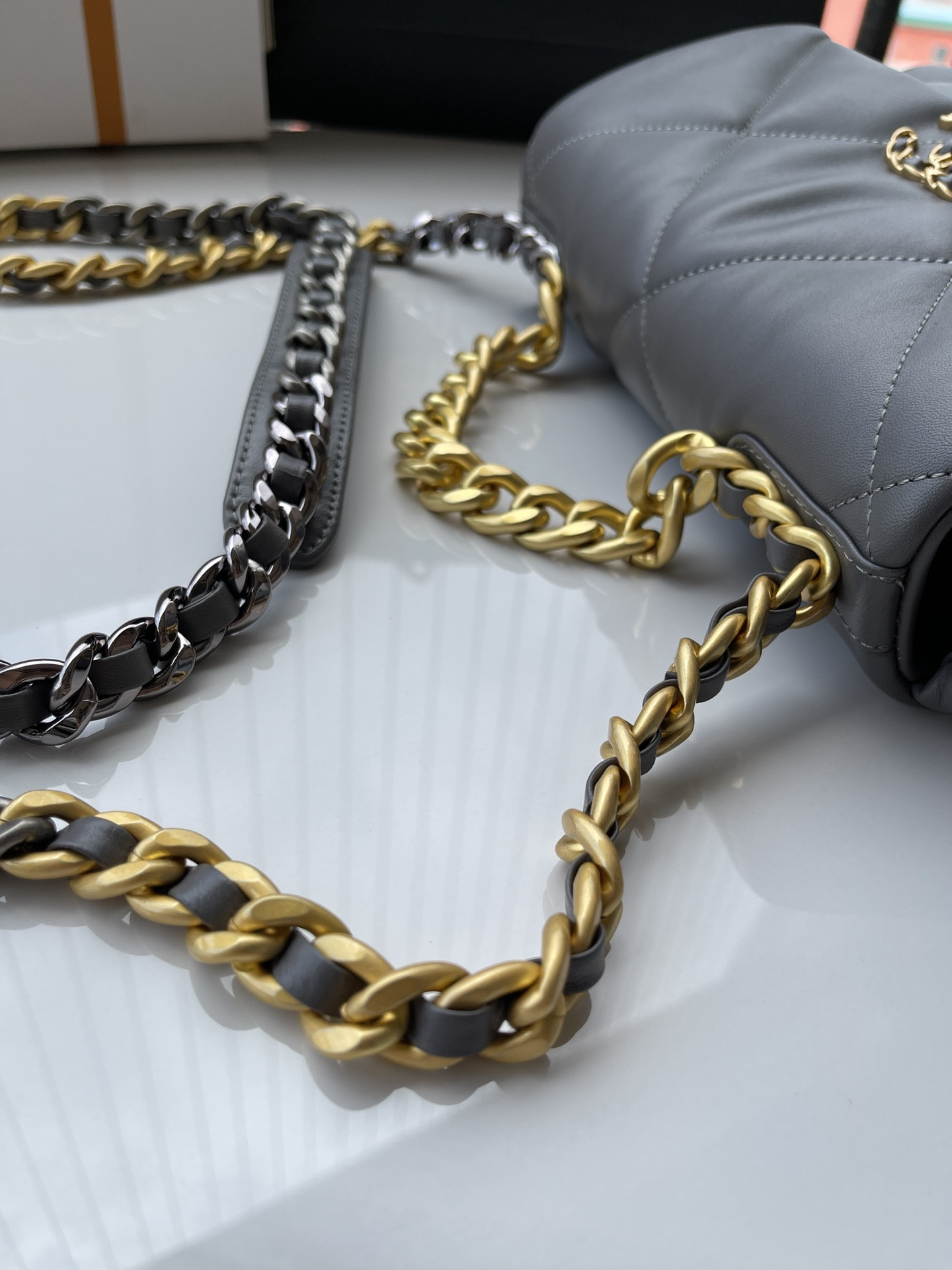 Ch**el 19 HANDBAG Shiny Leather, Gold-Tone, Silver-Tone & Ruthenium-Finish Metal Dark Gray 6.2 × 10.1 × 3.5 in