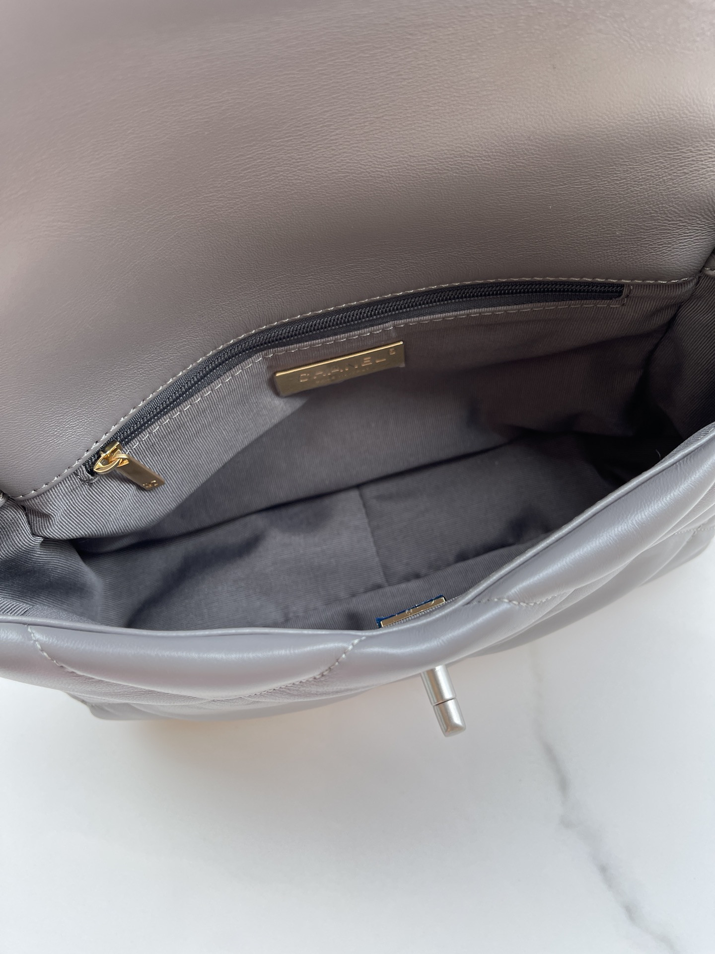 Ch**el 19 HANDBAG Shiny Leather, Gold-Tone, Silver-Tone & Ruthenium-Finish Metal Dark Gray 6.2 × 10.1 × 3.5 in