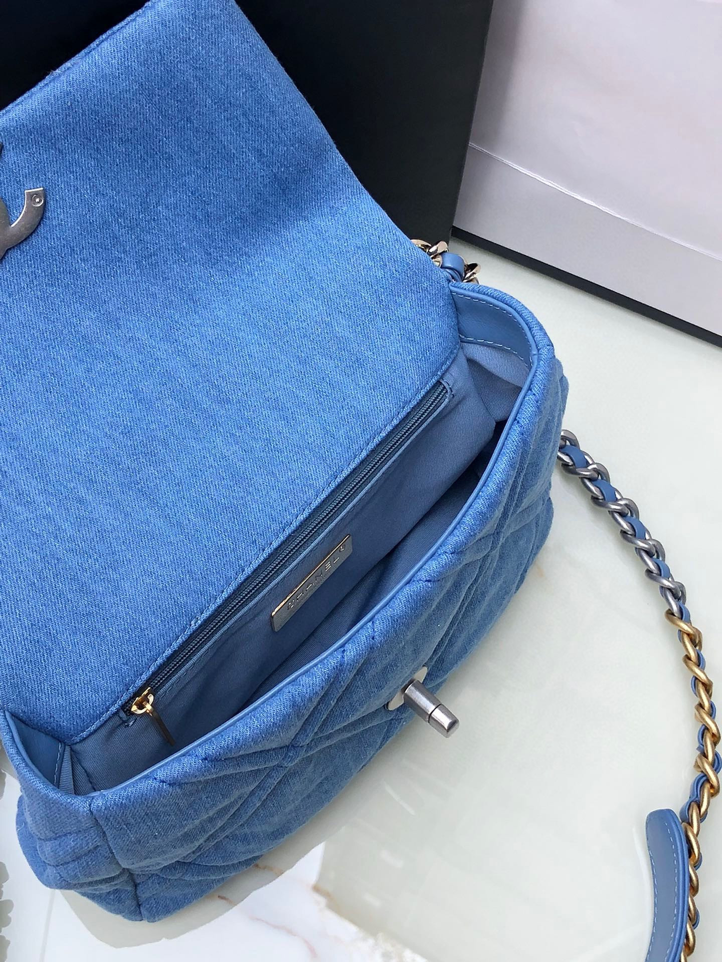 Ch**el 19 HANDBAG, Gold-Tone, Silver-Tone & Ruthenium-Finish Metal Blue 6.2 × 10.1 × 3.5 in