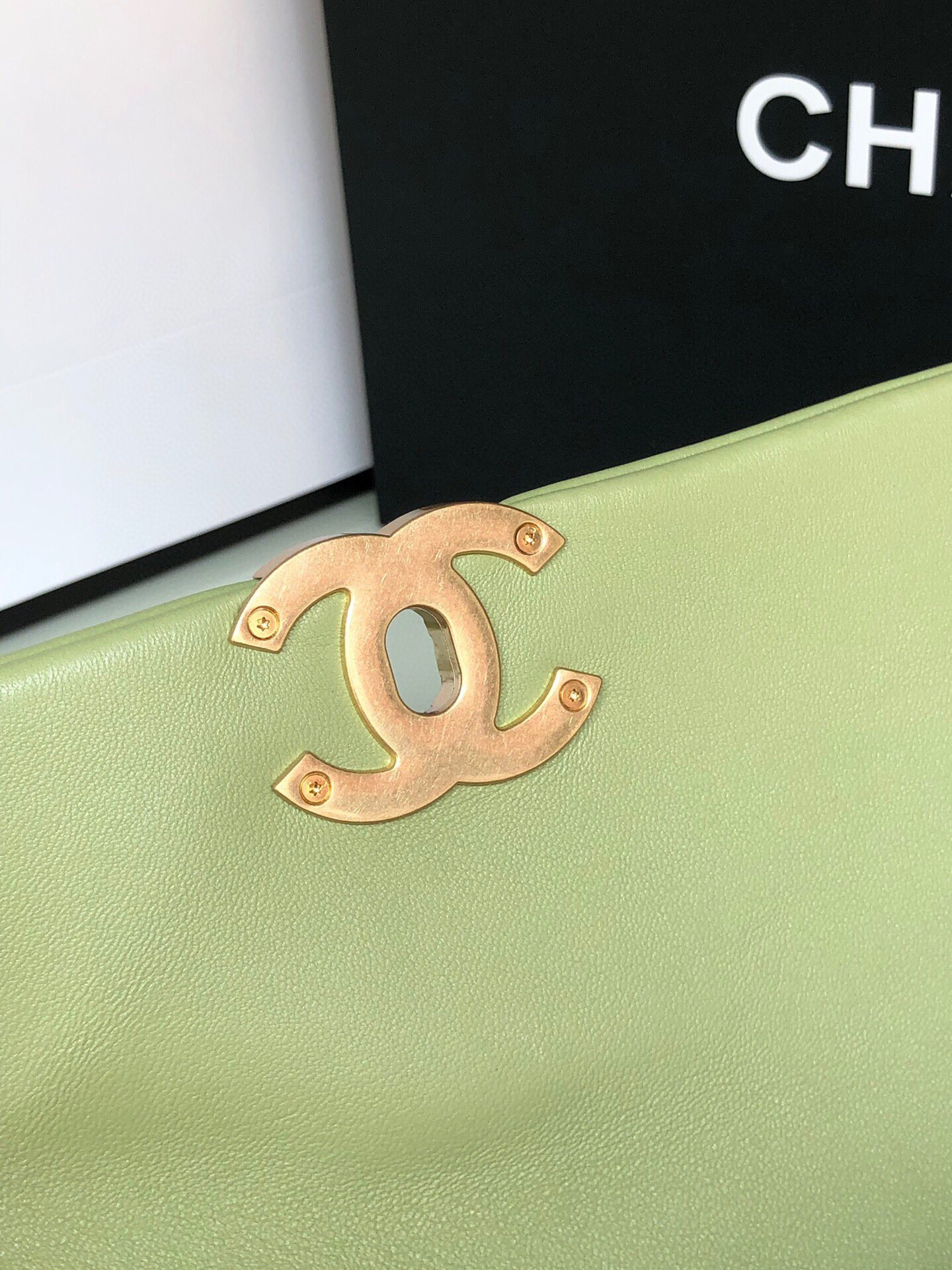 Ch**el 19 HANDBAG Shiny Leather, Gold-Tone, Silver-Tone & Ruthenium-Finish Metal Light Green 6.2 × 10.1 × 3.5 in