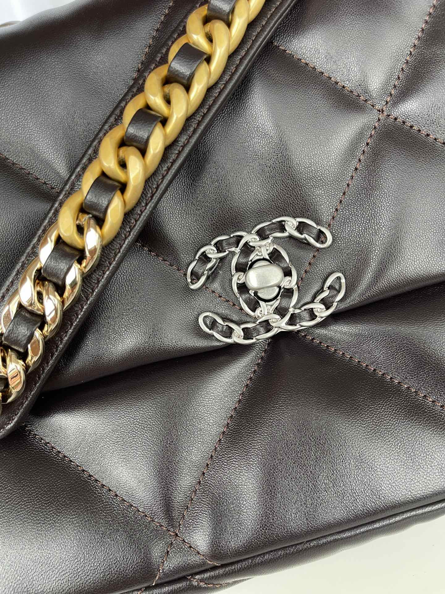 Ch**el 19 LARGE HANDBAG Shiny Leather Black, Gold-Tone, Silver-Tone & Ruthenium-Finish Metal 7.8 × 11.7 × 3.9 in