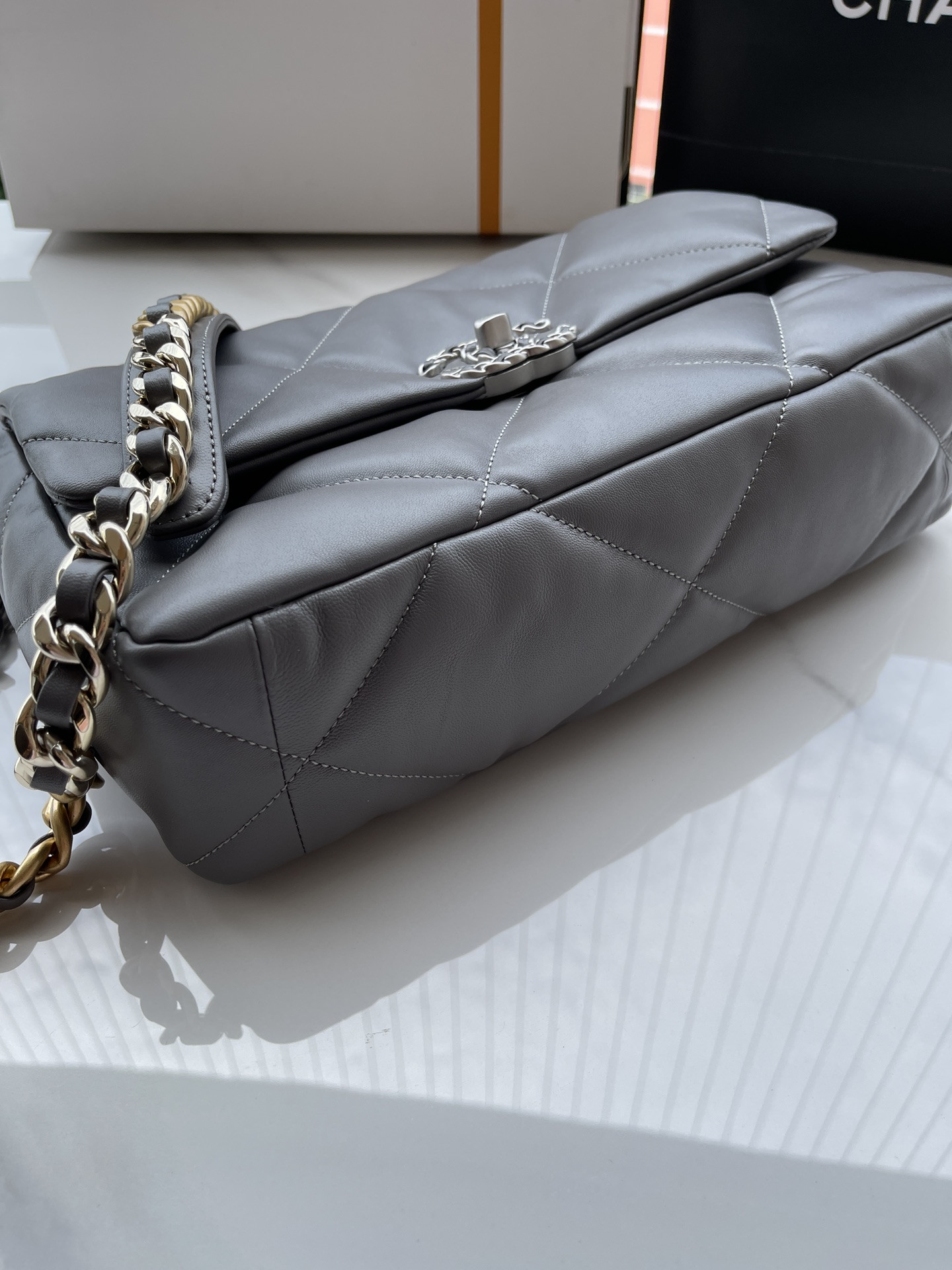 Ch**el 19 LARGE HANDBAG Shiny Leather, Gold-Tone, Silver-Tone & Ruthenium-Finish Metal Gray 7.8 × 11.7 × 3.9 in