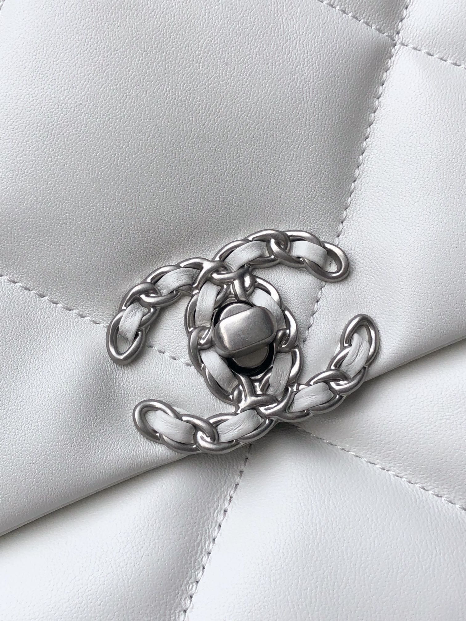 Ch**el 19 LARGE HANDBAG Shiny Leather, Gold-Tone, Silver-Tone & Ruthenium-Finish Metal White 7.8 × 11.7 × 3.9 in