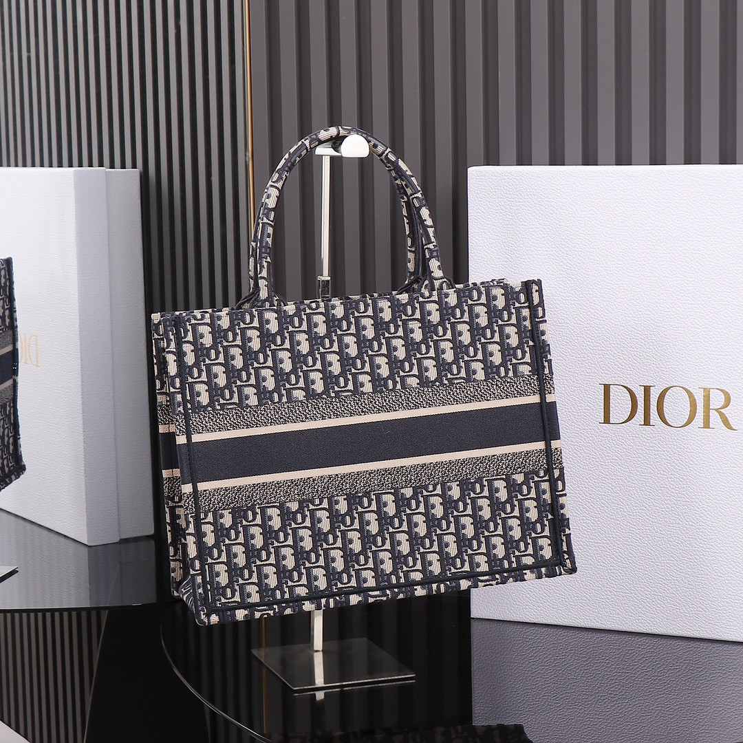 Medium D10r Book Tote  Ecru and Blue D10r Oblique Embroidery 14 x 11 x 6.5 inches