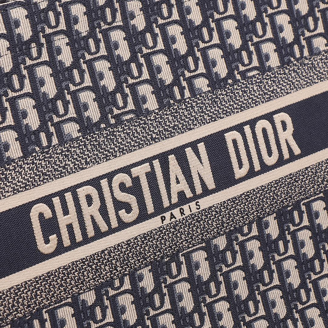 Medium D10r Book Tote  Ecru and Blue D10r Oblique Embroidery 14 x 11 x 6.5 inches