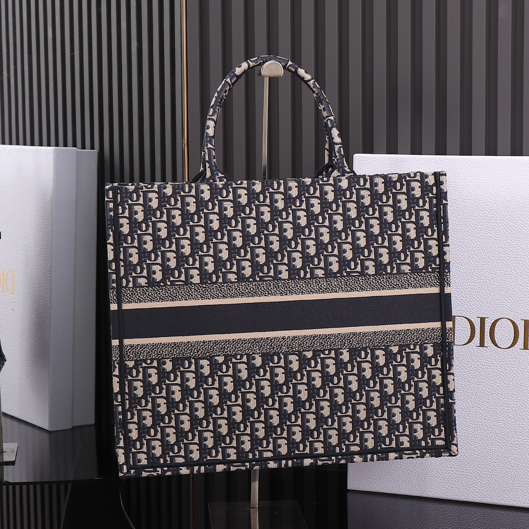 Large D10r Book Tote  Ecru and Blue D10r Oblique Embroidery 16.5 x 14 x 7.5 inches