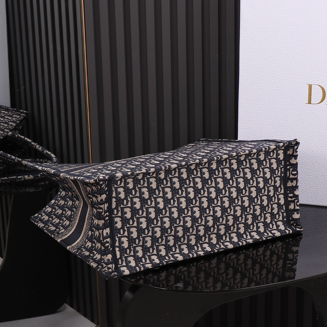 Large D10r Book Tote  Ecru and Blue D10r Oblique Embroidery 16.5 x 14 x 7.5 inches