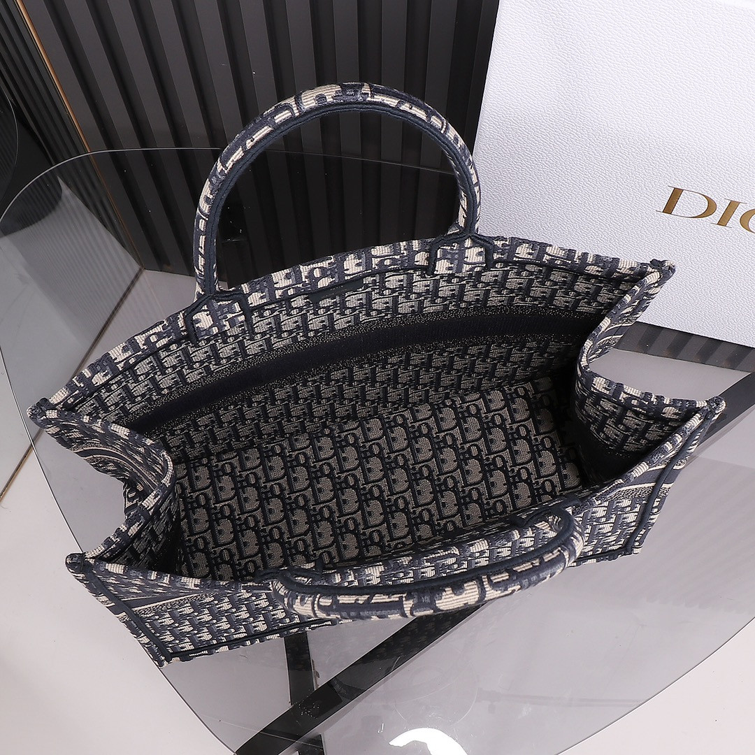 Large D10r Book Tote  Ecru and Blue D10r Oblique Embroidery 16.5 x 14 x 7.5 inches