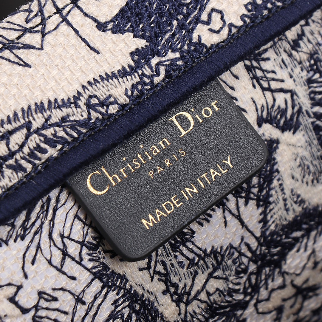 Medium D10r Book Tote  Ecru and Blue Toile de Jouy Embroidery 14 x 11 x 6.5 inches