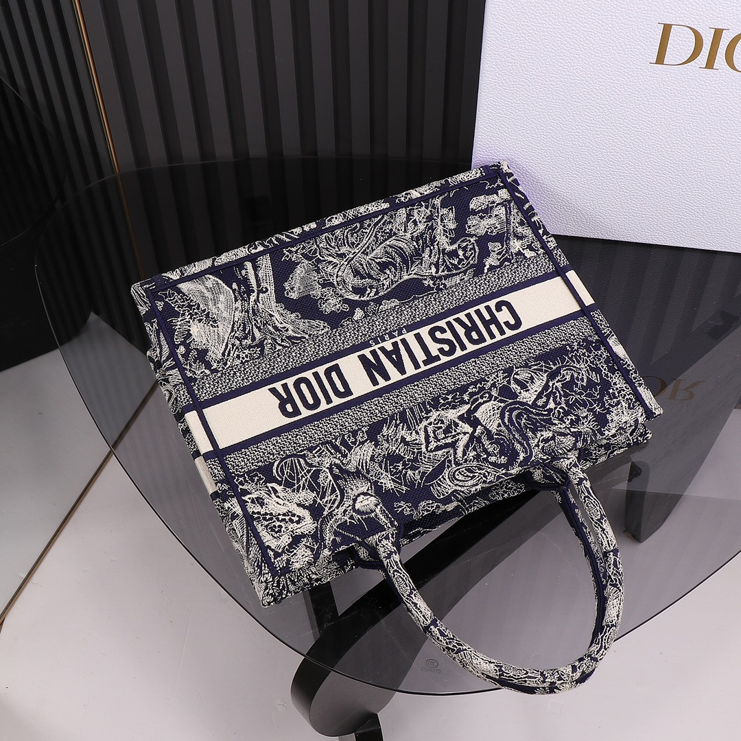 Medium D10r Book Tote  Blue and Ecru Toile de Jouy Reverse Embroidery 14 x 11 x 6.5 inches