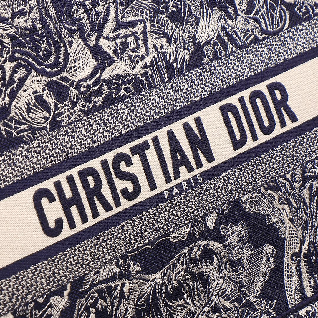 Medium D10r Book Tote  Blue and Ecru Toile de Jouy Reverse Embroidery 14 x 11 x 6.5 inches