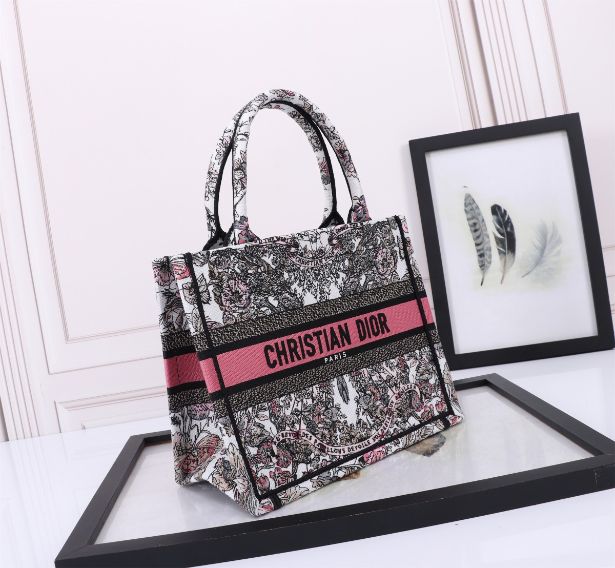 Small D10r BOOK TOTE WHITE AND PASTEL PINK BUTTERFLY AROUND THE WORLD EMBROIDERY  10.5 x 8.5 x 5.5 inches