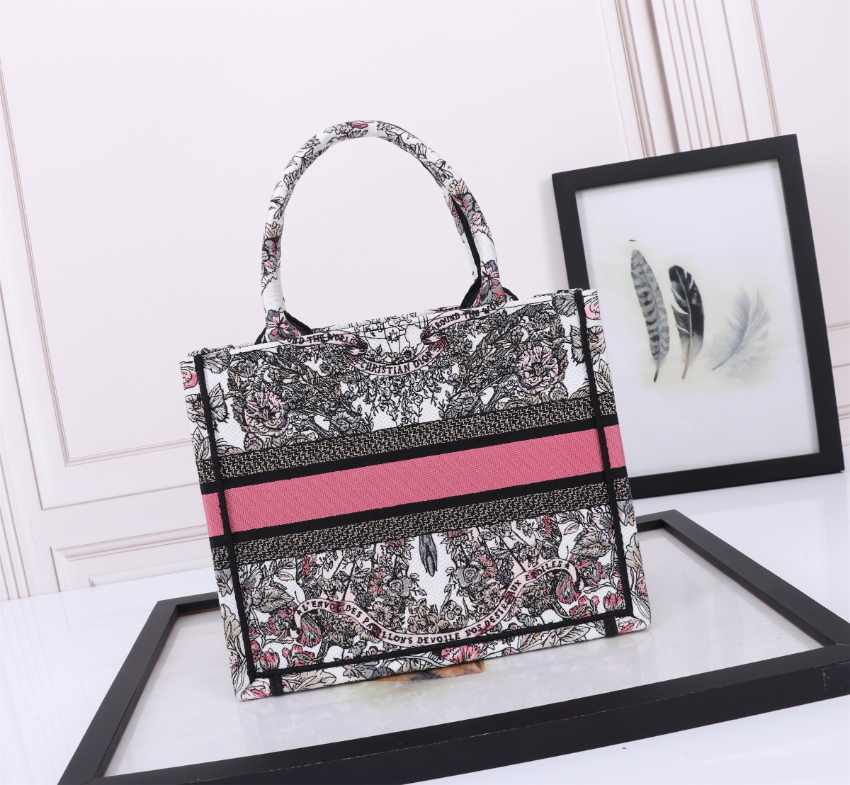 Small D10r BOOK TOTE WHITE AND PASTEL PINK BUTTERFLY AROUND THE WORLD EMBROIDERY  10.5 x 8.5 x 5.5 inches