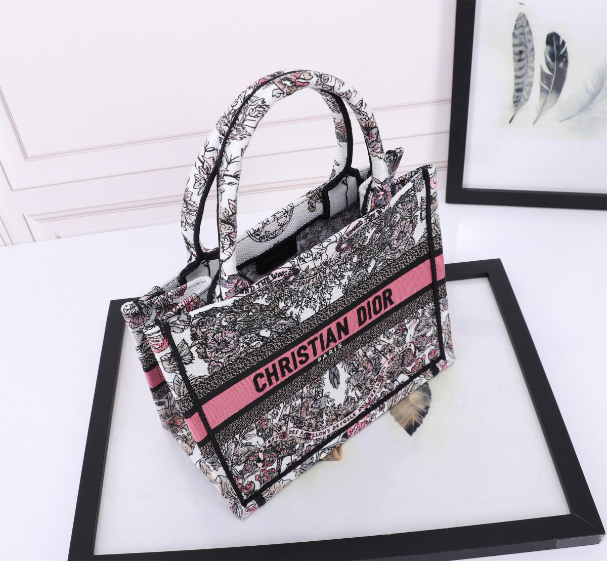 Small D10r BOOK TOTE WHITE AND PASTEL PINK BUTTERFLY AROUND THE WORLD EMBROIDERY  10.5 x 8.5 x 5.5 inches