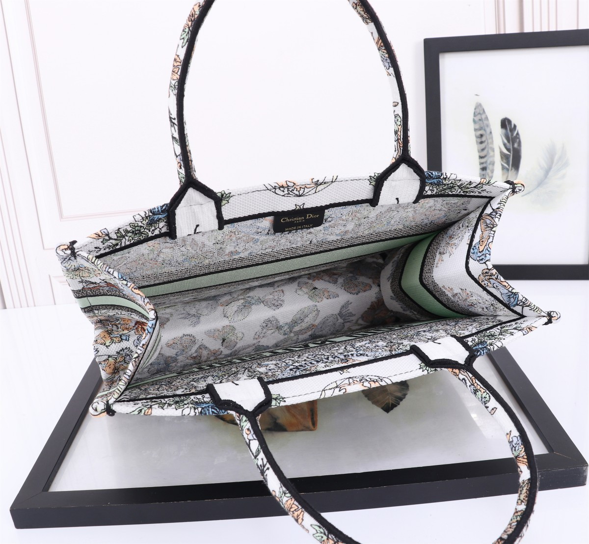 Medium D10r Book Tote  White Multicolor Toile de Jouy Mexico Embroidery 14 x 11 x 6.5 inches