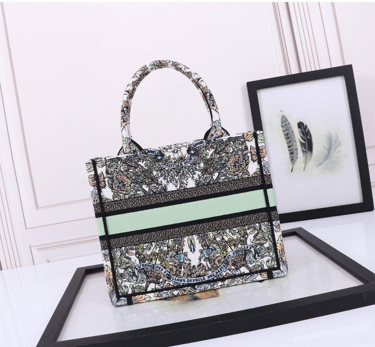 Small D10r BOOK TOTE WHITE MULTICOLOR TOILE DE JOUY MEXICO EMBROIDERY  10.5 x 8.5 x 5.5 inches