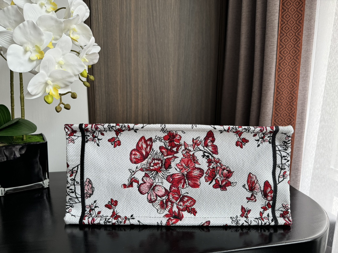 Medium D10r Book Tote  White and Red Le Cœur des Papillons Embroidery 14 x 11 x 6.5 inches