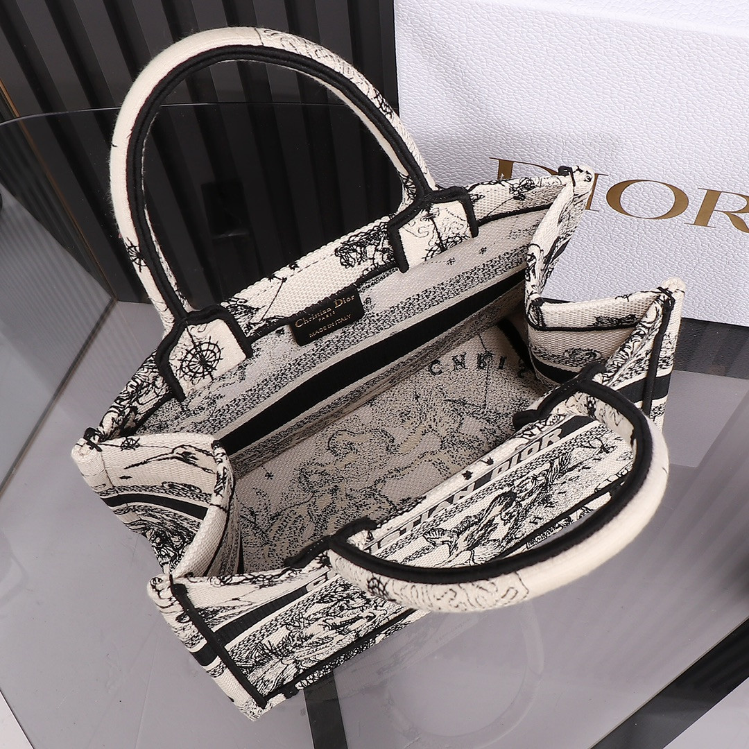 Small D10r Book Tote Latte and Black Toile de Jouy Zodiac Embroidery 10.5 x 8.5 x 5.5 inches