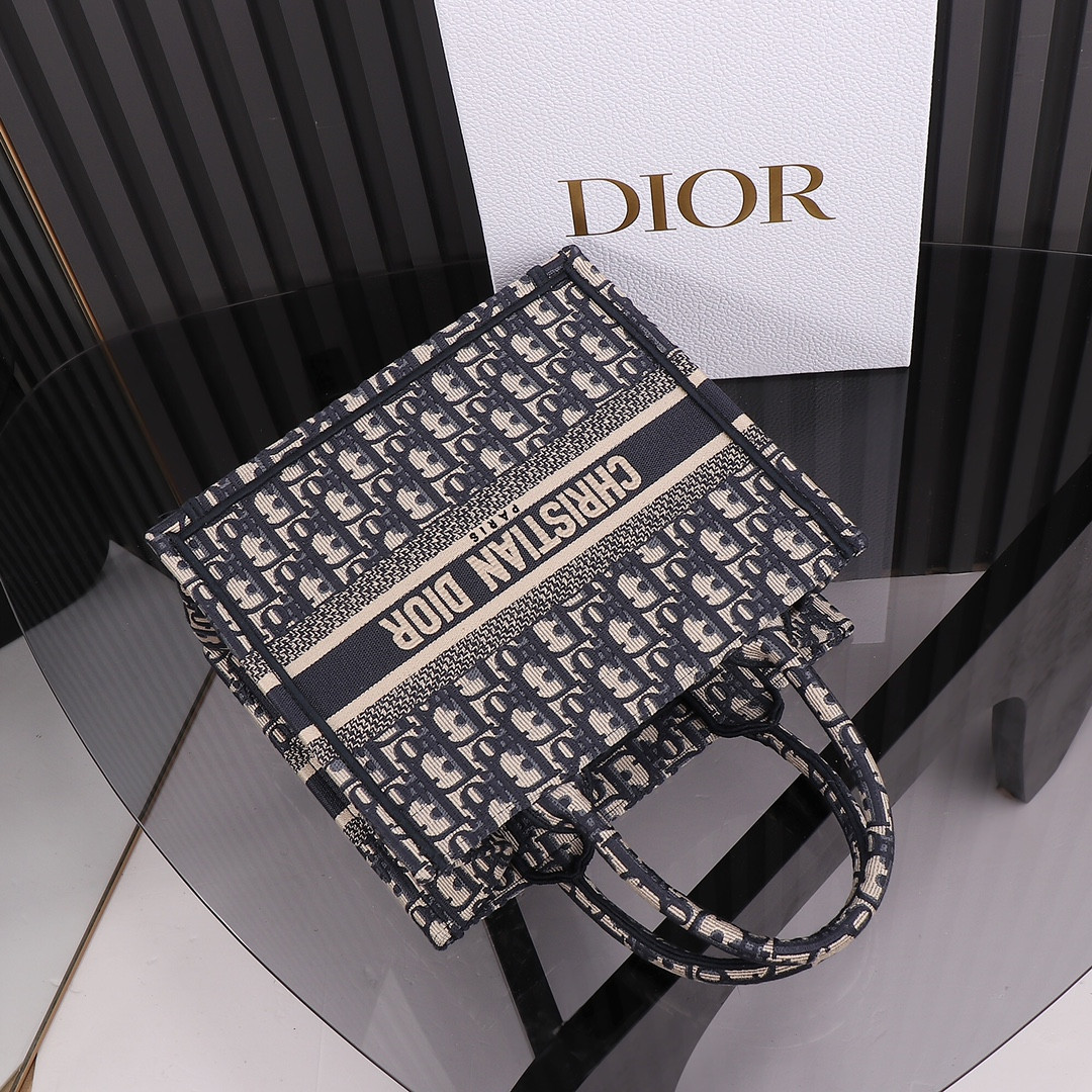 Small D10r Book Tote Ecru and Blue D10r Oblique Embroidery 10.5 x 8.5 x 5.5 inches