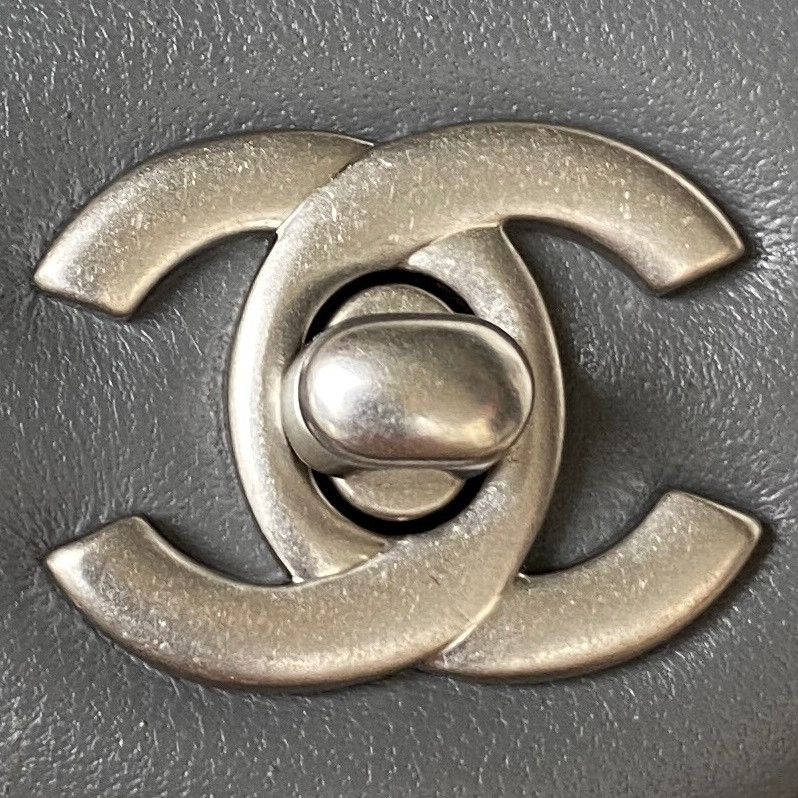 Ch**el MINI FLAP BAG SHINY CALFSKIN & SILVER-TONE METAL GRAY 4.7 × 7.8 × 2.3 in