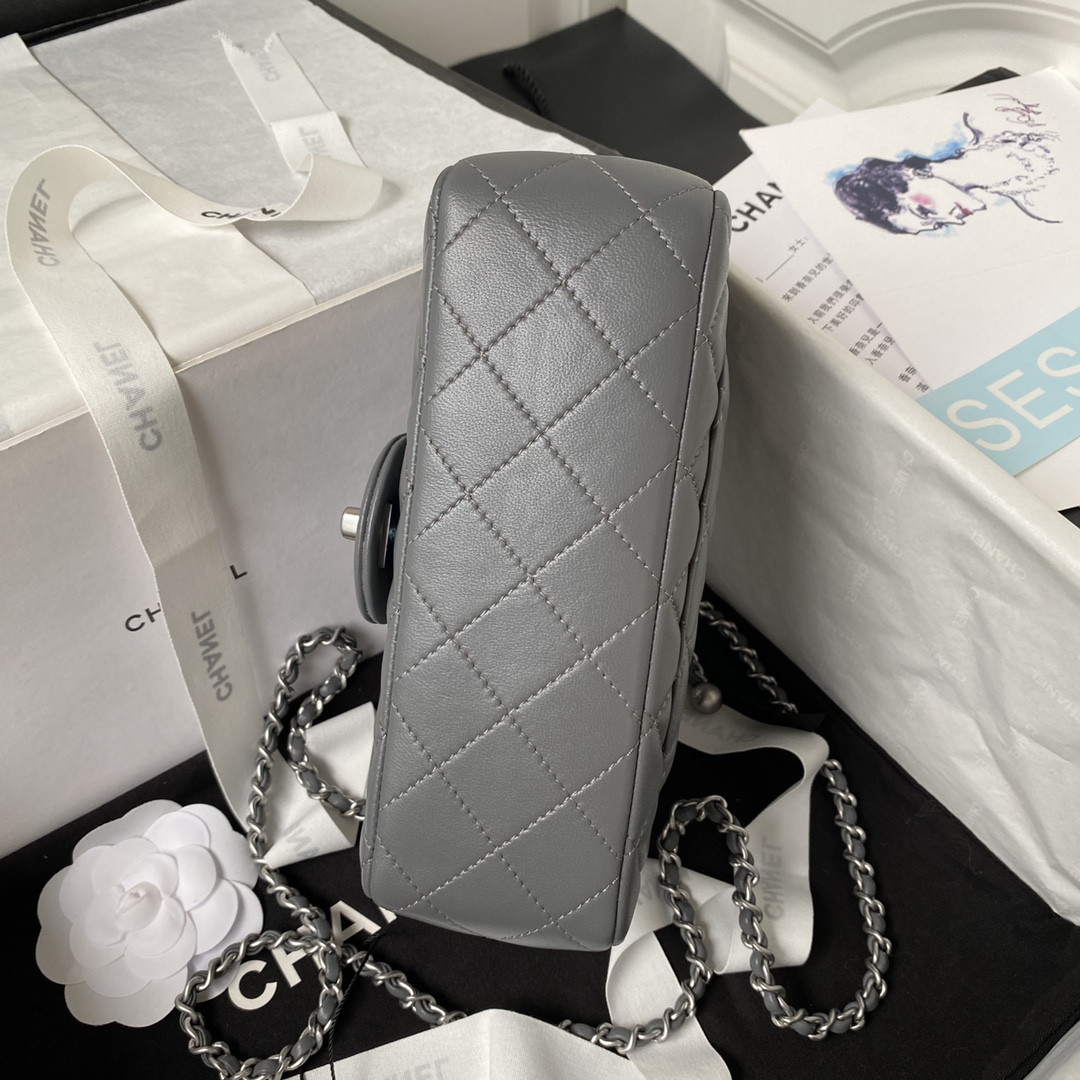 Ch**el MINI FLAP BAG SHINY CALFSKIN & SILVER-TONE METAL GRAY 4.7 × 7.8 × 2.3 in