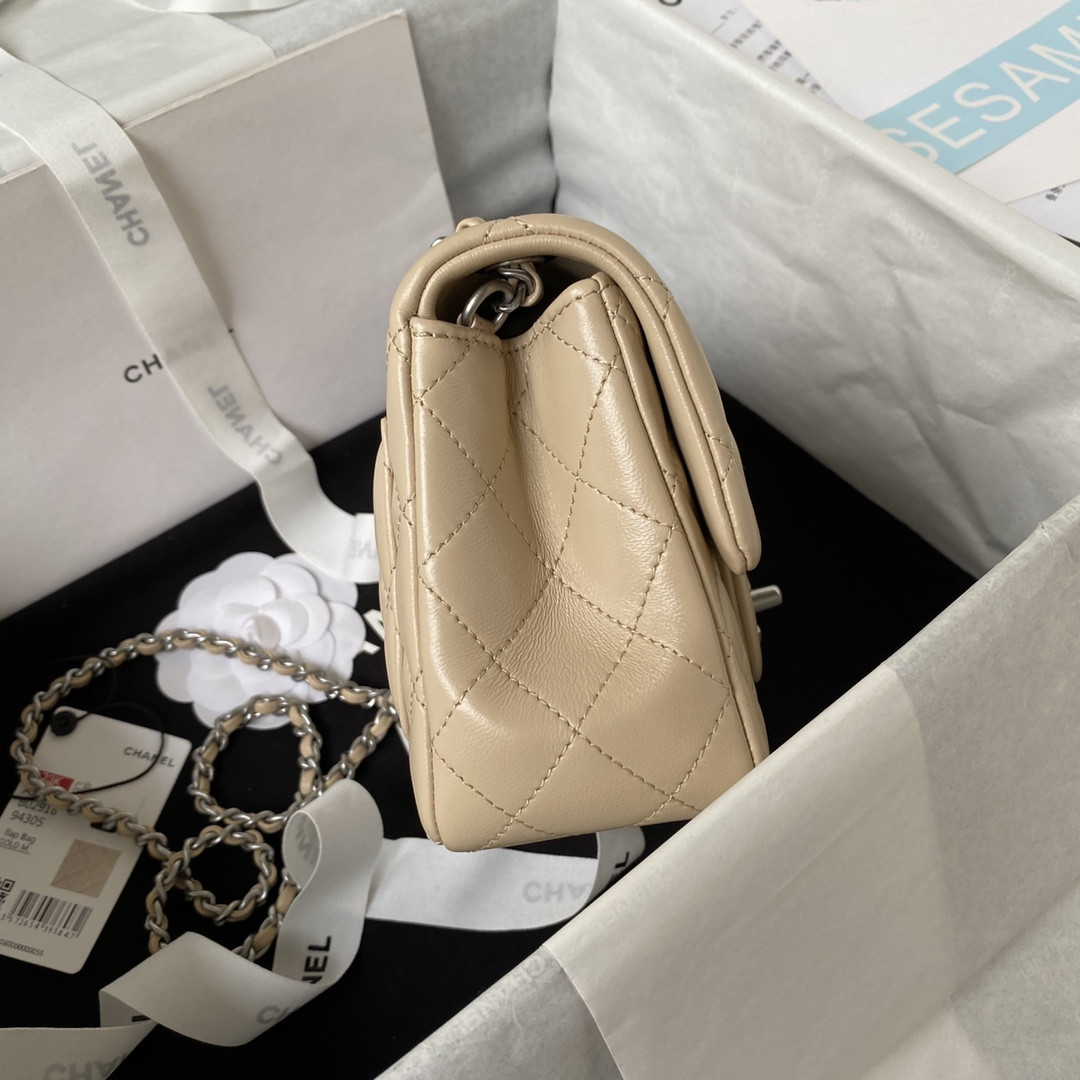 Ch**el MINI FLAP BAG SHINY CALFSKIN & SILVER-Tone METAL COFFEE 5.3 × 6.6 × 3.1 in