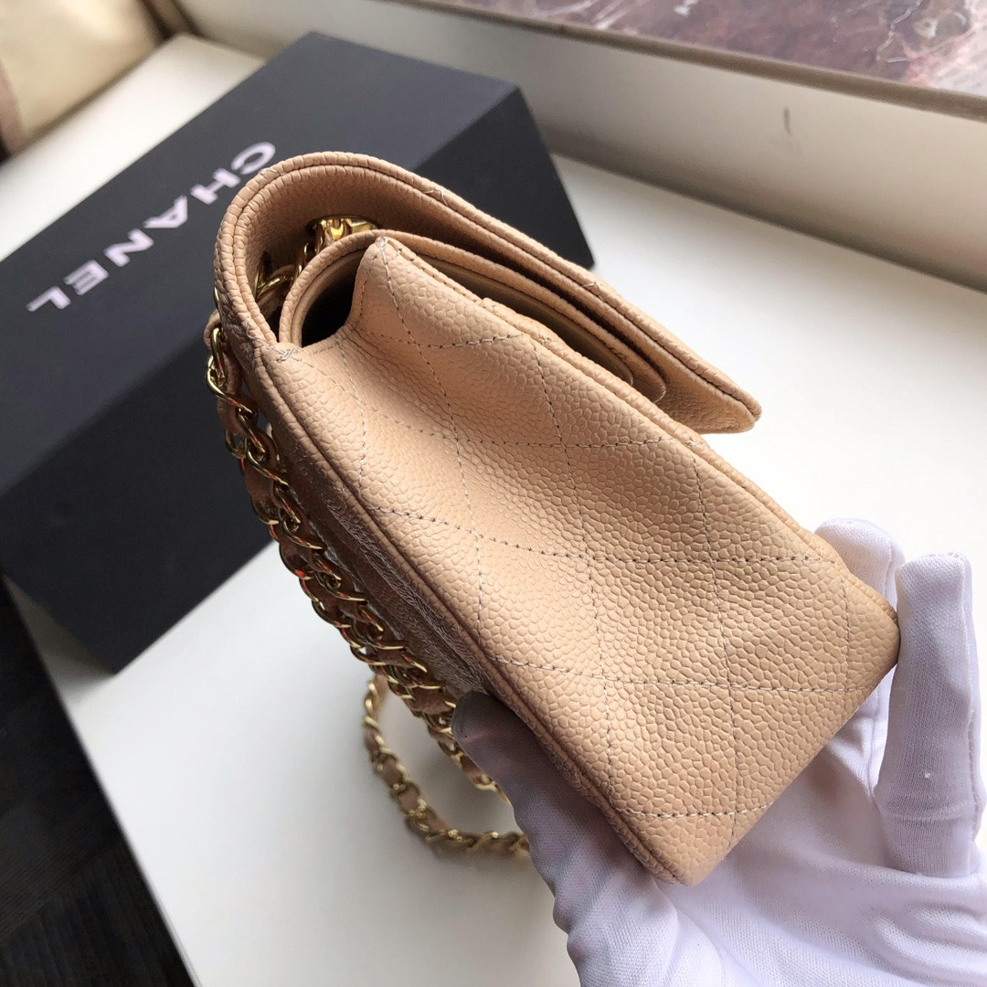 Ch**el CLASSIC HANDBAG GRAINED CALFSKIN & Gold-TONE METAL COFFEE 6 × 9.9 × 2.5 in