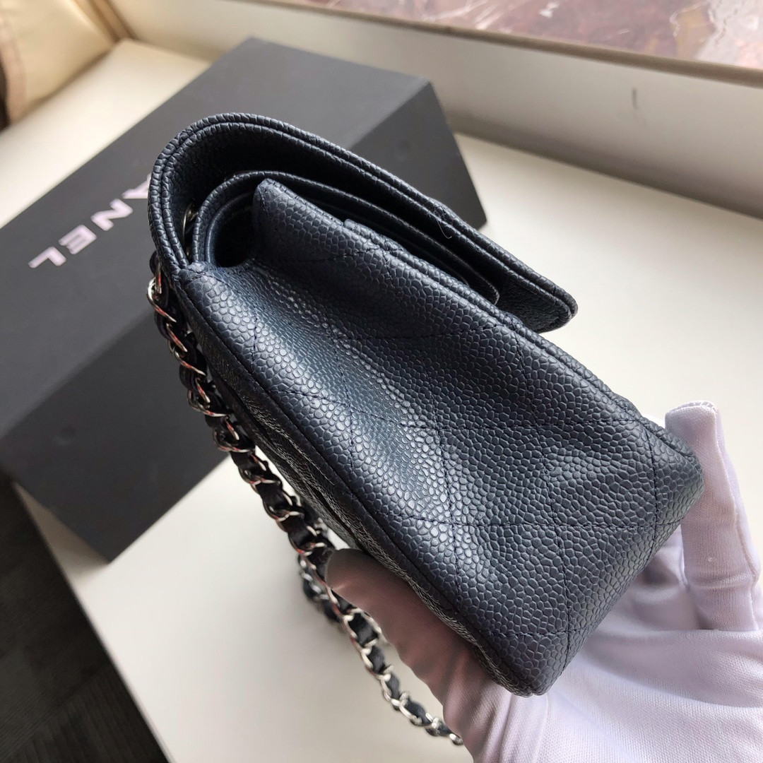 Ch**el CLASSIC HANDBAG GRAINED CALFSKIN & SILVER-TONE METAL NAVY 6 × 9.9 × 2.5 in