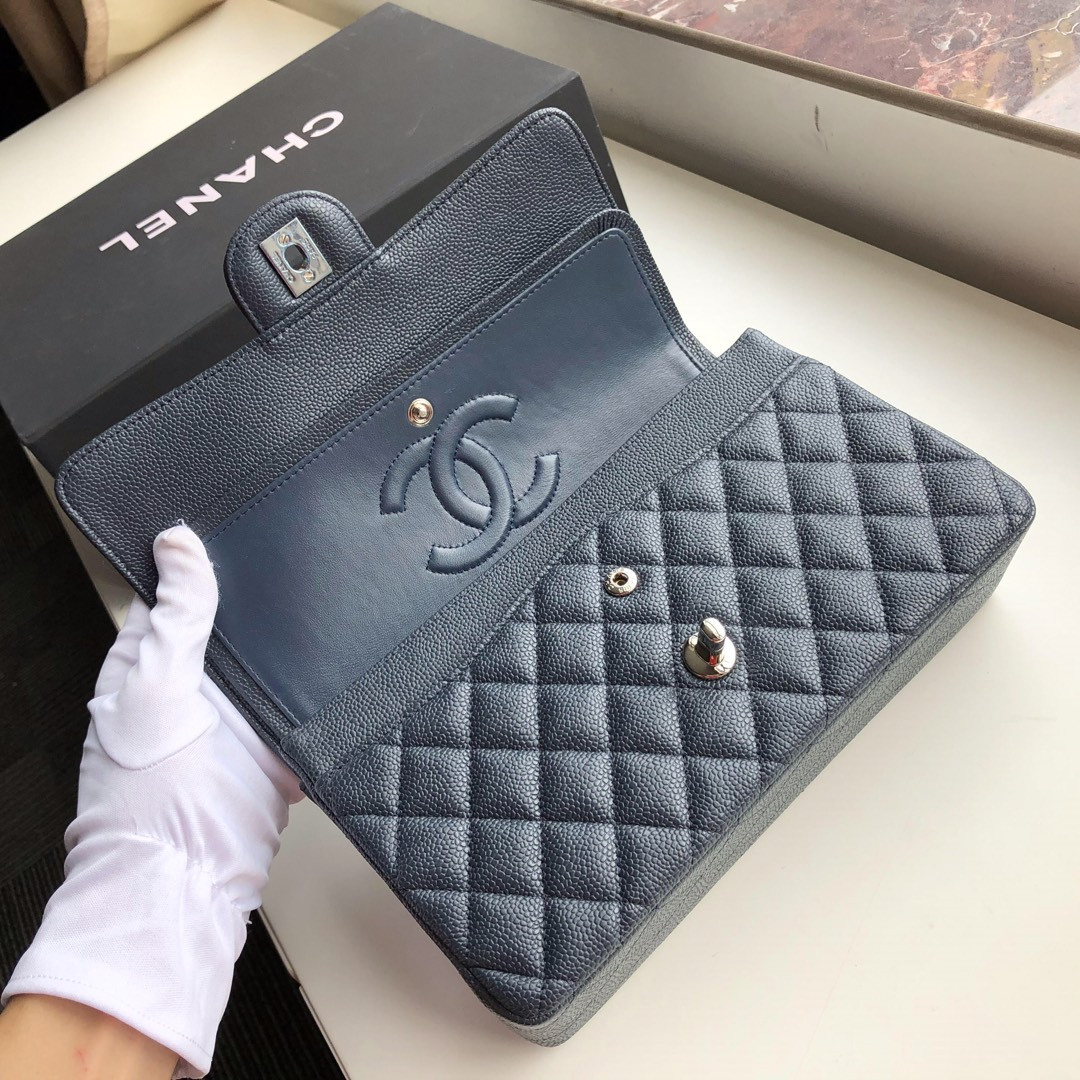 Ch**el CLASSIC HANDBAG GRAINED CALFSKIN & SILVER-TONE METAL NAVY 6 × 9.9 × 2.5 in