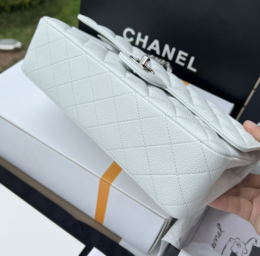 Ch**el CLASSIC HANDBAG GRAINED CALFSKIN & SILVER-TONE METAL WHITE 6 × 9.9 × 2.5 in