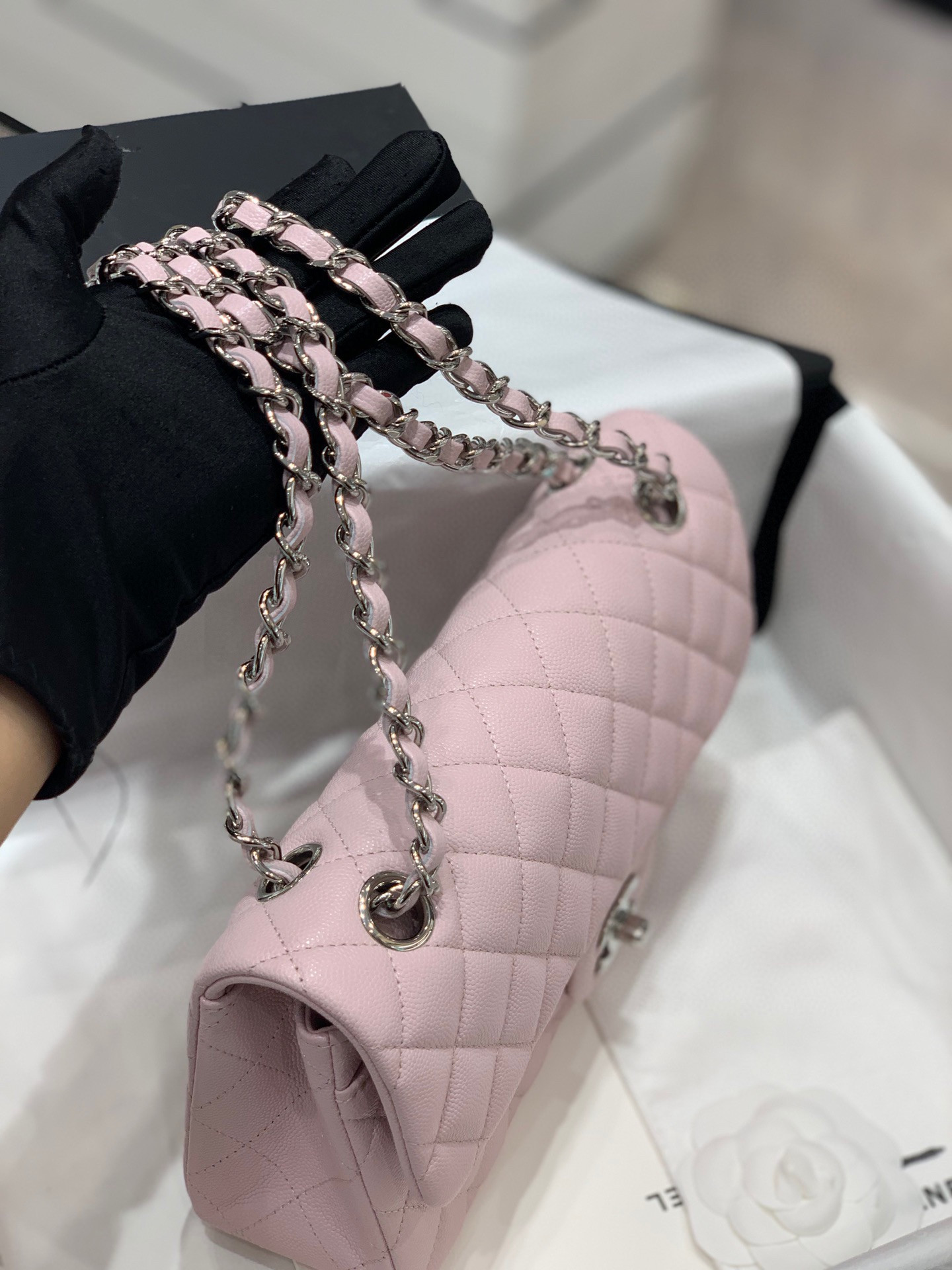 Ch**el CLASSIC HANDBAG Grained Calfskin & Silver-Tone Metal Pink 6 × 9.9 × 2.5 in