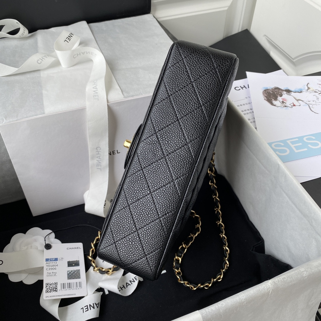 Ch**el SMALL CLASSIC HANDBAG Grained Calfskin & Gold-Tone Metal Black 5.7 × 9 × 2.3 in