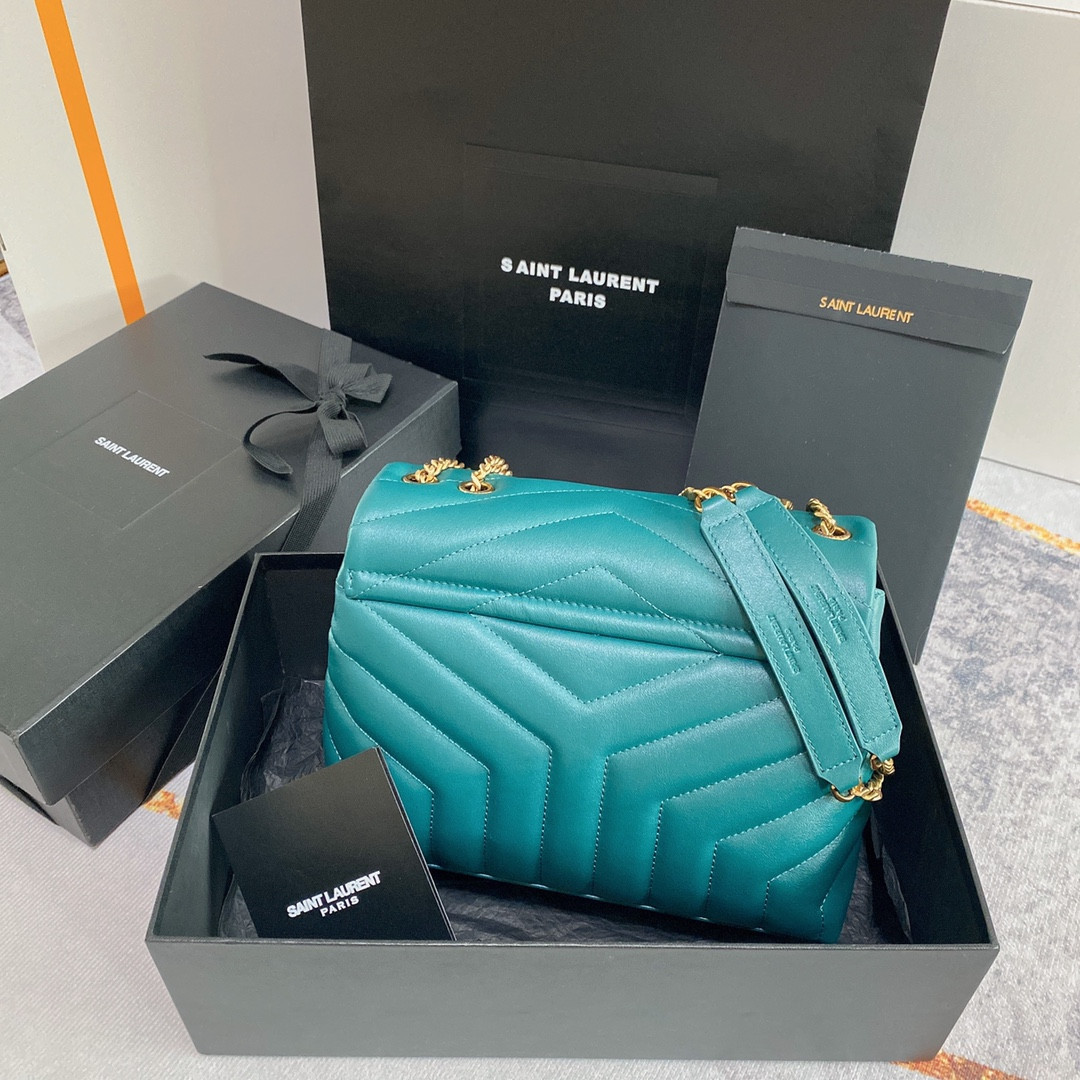 Y51 LOULOU SMALL IN QUILTED LEATHER BLUE GOLD 9 X 6.1 X 3.3 INCHES